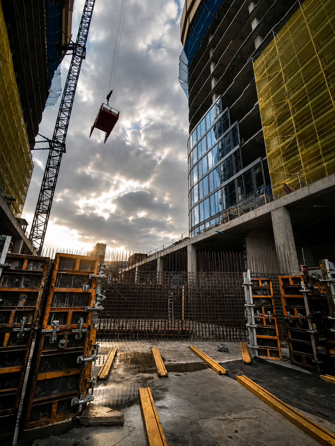 High-rise concrete construction with tower crane and formwork