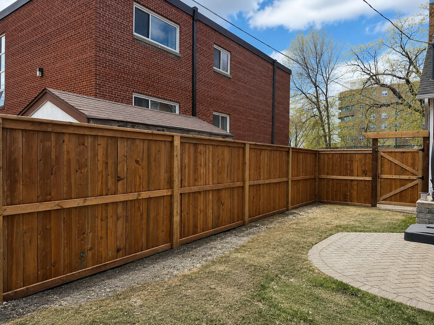 Premium cedar fence and gate installation with paver walkway