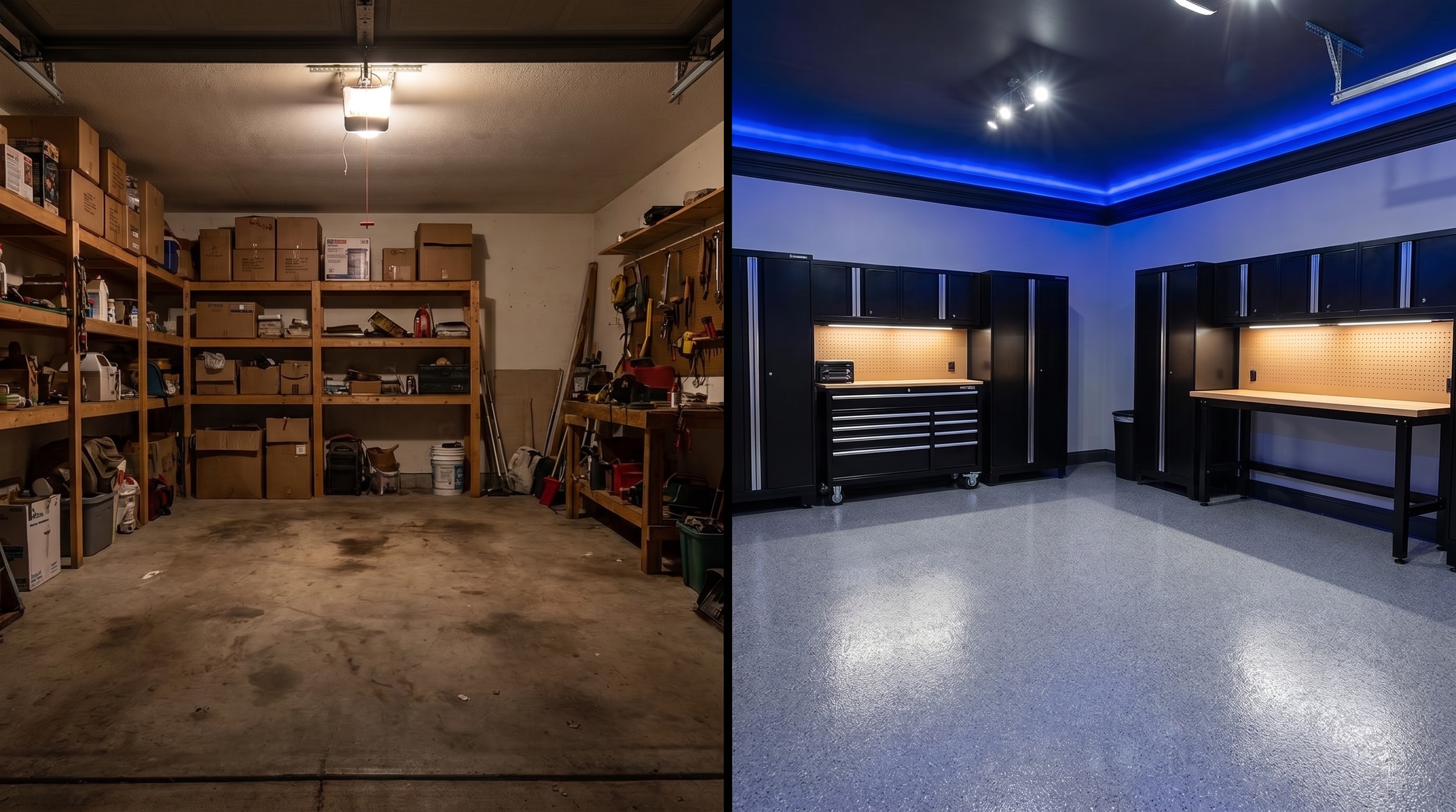 Garage before and after renovation with cabinetry and epoxy floor