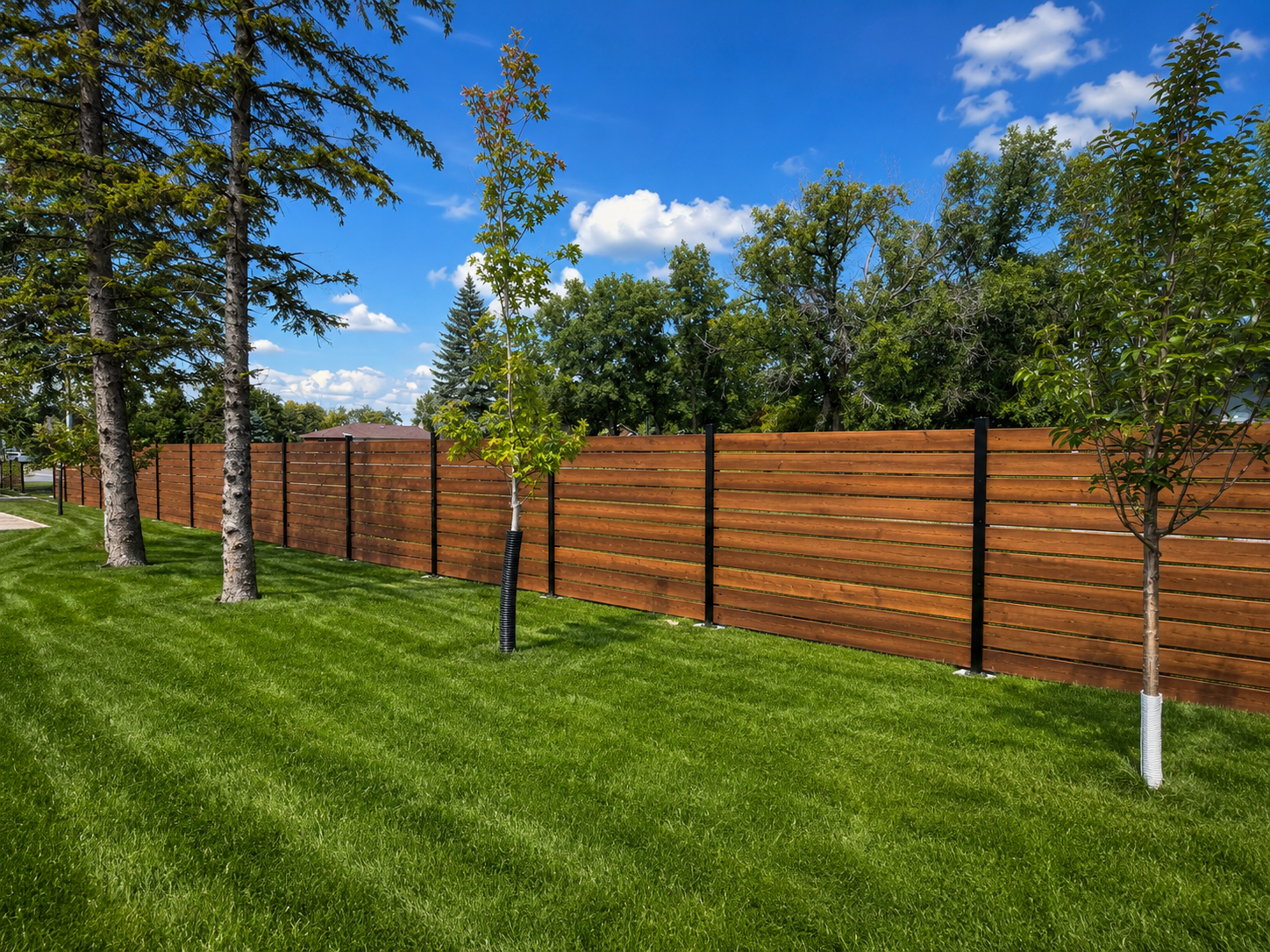 Horizontal wood privacy fence around a landscaped Winnipeg backyard